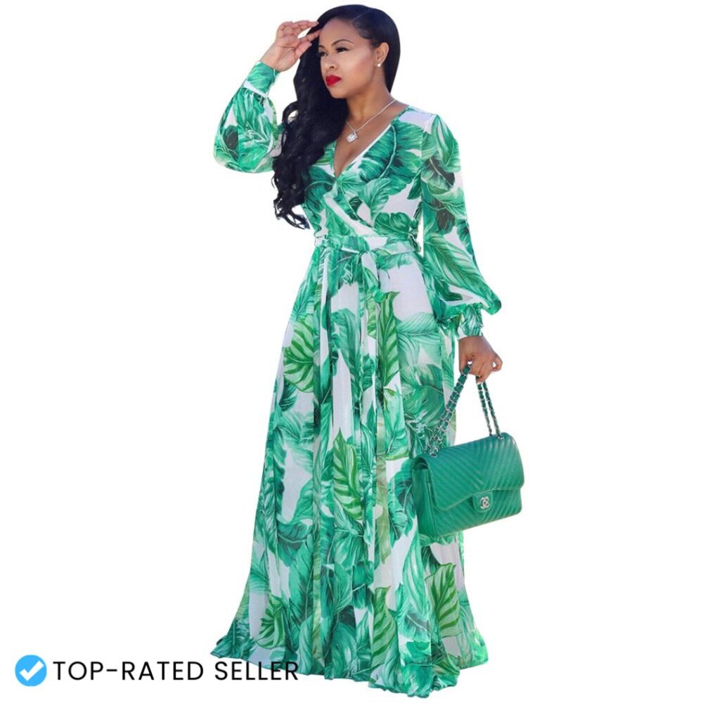 Chiffon Maxi Dress Boho Flowy V-Neck Long Sleeve High Waist Summer Elegant